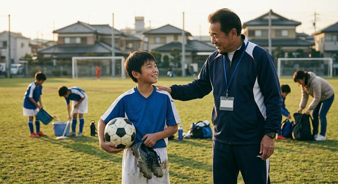 Young soccer player holding ball and cleats talking to coach on field