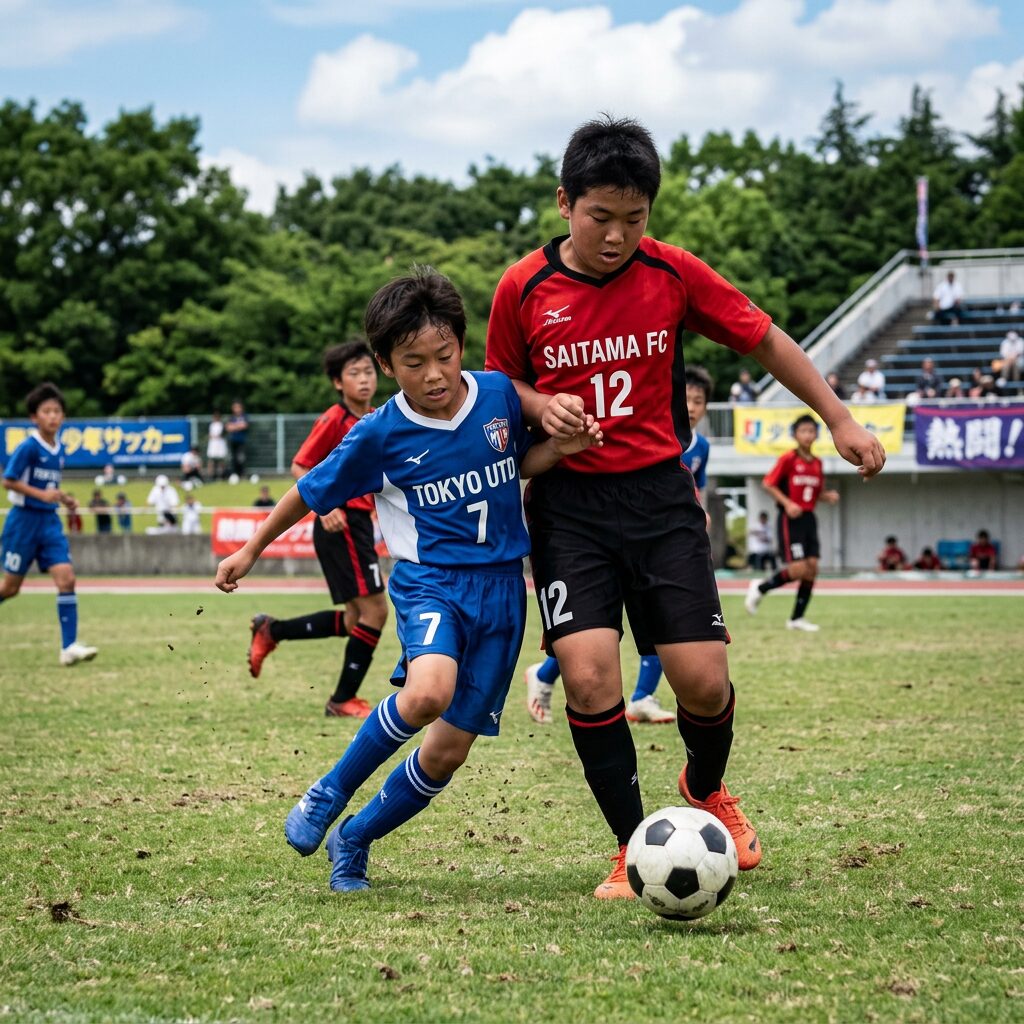 Two young soccer players competing for the ball on a grass field